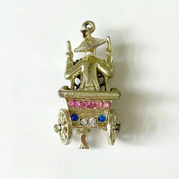 Vintage Asian Rickshaw Wheel Cart Man Gold Tone Rhinestone Pendant for Necklace - Picture 3 of 6